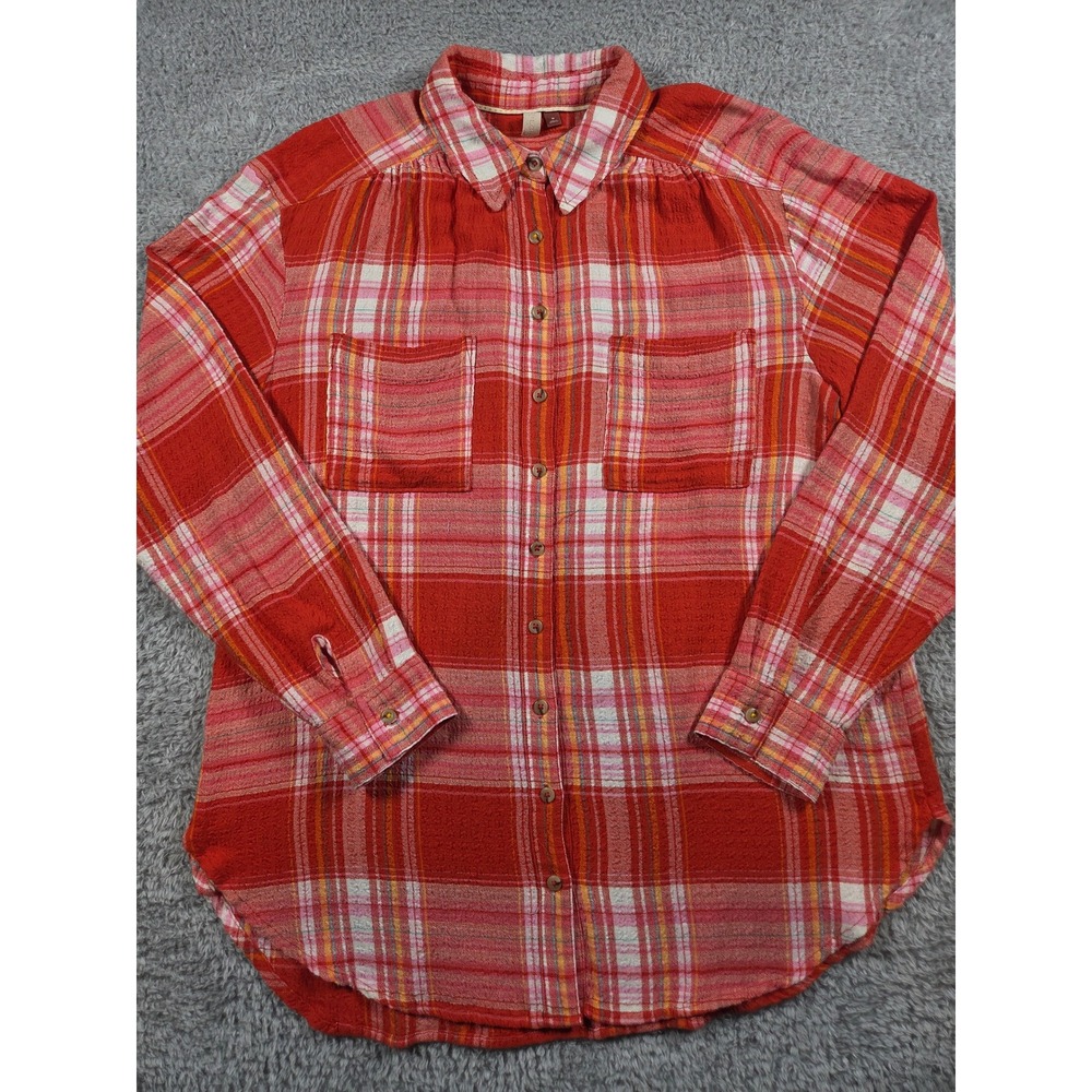 Pilcro Button Down Shirt Medium Red Plaid Women Long Sleeve Boho Textured Top